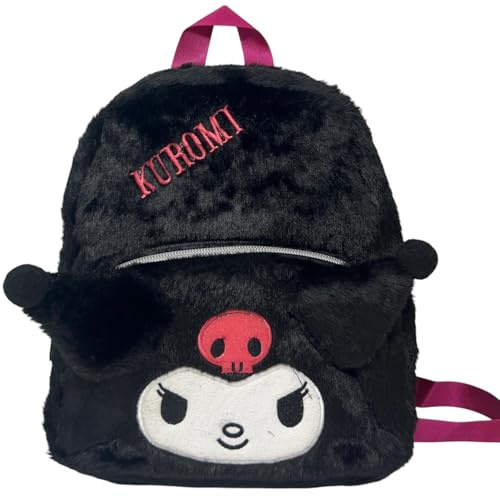 CARTOON Zainetto kawaii in peluche bambina bambino zaino morbido con orecchie 3D spallacci regolabili e doppia zip 28×23×8 cm (Kuromi)