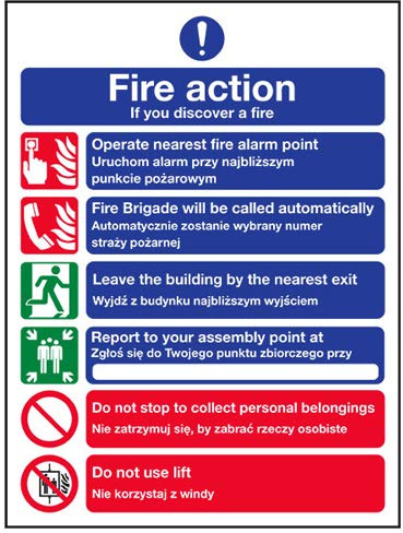 VSafety 12038AN-S Englisch/Polnisch Fire Action Hinweisschild, 150 x 200 mm