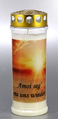 Grabkerze Amoi mit Sonnenstrahlen, (21x7,5 cm) Grablicht mit 7 Tage Brenndauer (3909), Wetterfestes Trauerlicht mit Deckel, Hochwertige Trauerkerze, Edle Gedenkkerze aus Deutschland