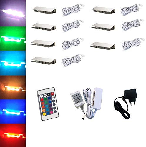 ACCE Lot de 7 éclairages LED, RVB, pour bord en verre, de vitrine, clip en verre, de qualité supérieure, miroir, en acier inoxydable