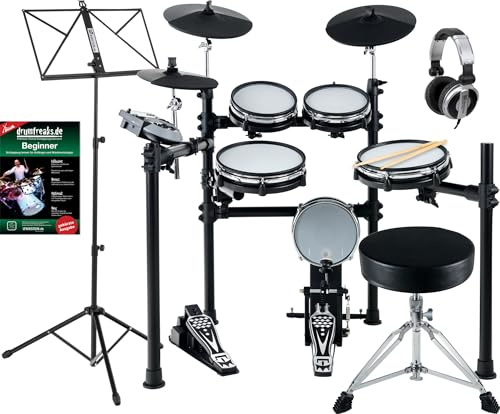 XDrum DD-530 E-Drum Set mit Mesh Heads - Elektronisches Schlagzeug mit 3 Becken Pads 4 Mesh Head Pads, 1 Kick Pad und Rack - 45 Drumkits mit 455 Sounds - Inkl. Hocker, Kopfhörer, Schule, Notenständer