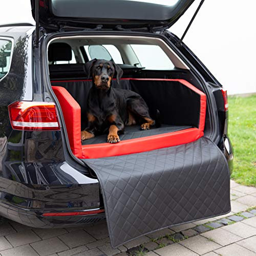 CopcoPet - Travel Bed Hundebett für Kofferraum 90x70x38cm Kunstleder - Kofferraumschutz Hund wasserabweisend & Kratzfest - Hundebett Auto rutschfest mit Schutzdecke - Reisebett Hund Rot/Schwarz
