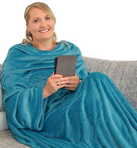 L.E.M.B. Hometrends Kuscheldecke mit Ärmeln TV Decke Sofadecke Ärmeldecke Wohndecke Fleecedecke Mikrofaser Strokkur 170 x 200 cm Petrol