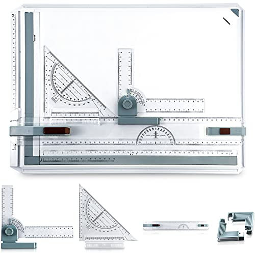 Tragbares Zeichenbrett, A3, multifunktional, metrisch, Zeichentisch mit klarem Lineal, Parallelbewegung und Winkeleinstellbares Messsystem