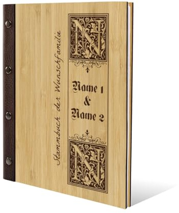 Personalisiertes Stammbuch Hochzeit aus echtem Holz mit Leder Rücken A5 oder A4 inkl. vorgedruckten Seiten - Siegelbrief