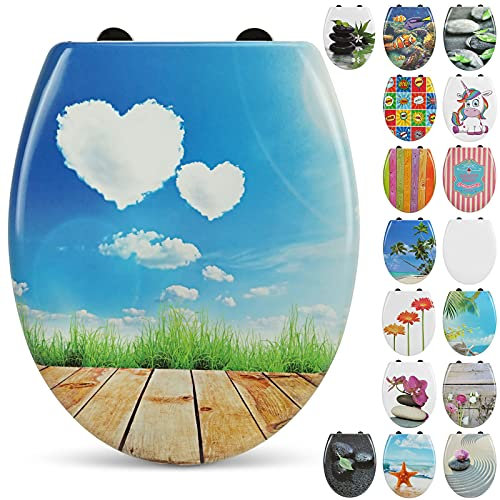 Duroplast WC Sitz mit Absenkautomatik von Sanfino - Antibakterieller und abnehmbarer Toilettendeckel in vielen bunten Motiven, ovaler Klodeckel mit hohem Sitzkomfort, einfache Montage - Heart Cloud