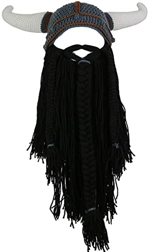 YEKEYI Wikingermütze mit großem Horn, Beanie, Bart Wikinger, Strickmütze, Barbar, lustige Skimütze, lustige Halloween-Mütze, Weihnachtsmütze