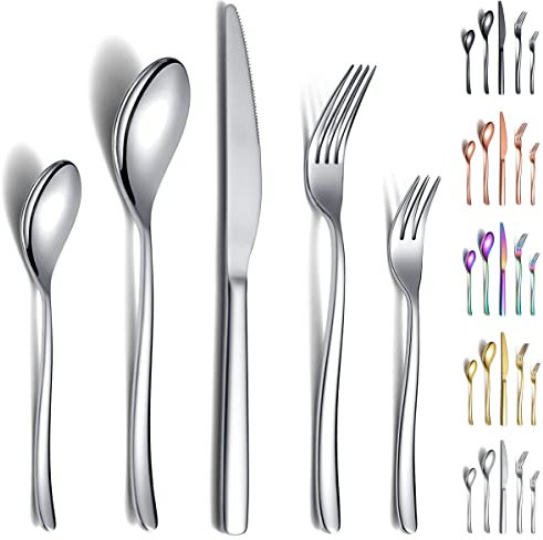 Berglander Ensemble de couverts noirs 30 pièces, fourchettes et cuillères en acier inoxydable robuste plaqué titane noir Ensemble d'ustensiles résistant à la rouille, lavable au lave-vaisselle