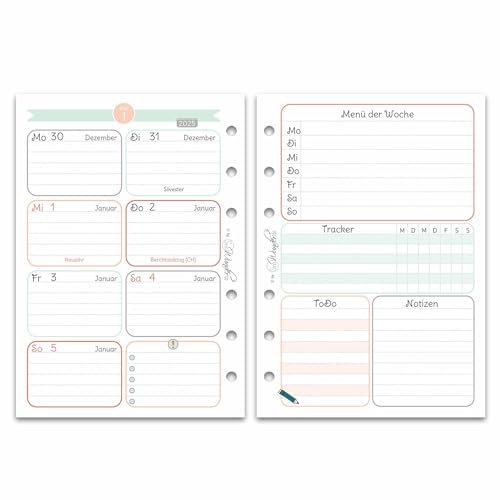 SinnWunder® Premium Kalendereinlagen 2025 - Wochen-Kalender mit 1 Woche auf 2 Seiten – Größe Din A6 – 6-fach-Lochung – 3 Designs zur Auswahl