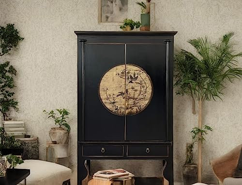 OPIUM OUTLET Orientalischer Hochzeitsschrank, China Vintage Möbel Kommode asiatisch, Schrank Kleiderschrank chinesisch, Schwarz, Shabby-Stil, Antik-Look, Kolonial-Stil