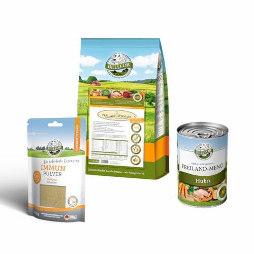 Bellfor Futter-Set für Französische Bulldoggen Freiland-Schmaus 2,5 kg Dose Freiland-Menü 400 g Bellfor Immun Pulver 80 g, Getreidefrei & Natürlich