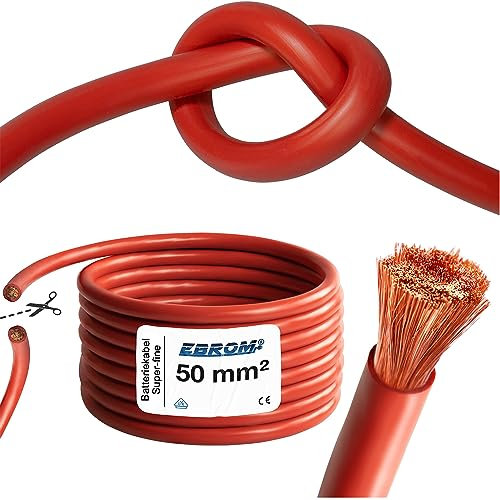 EBROM Batteriekabel 50 mm² ROT feines Kupfer höchst flexibel extrem biegsam, weich PVC, Vollkupfer feinstdrähtig OFC 99,9% - Meterware in einer Länge 50mm2-50 mm2 für Wechselrichter, Laderegler uvm.