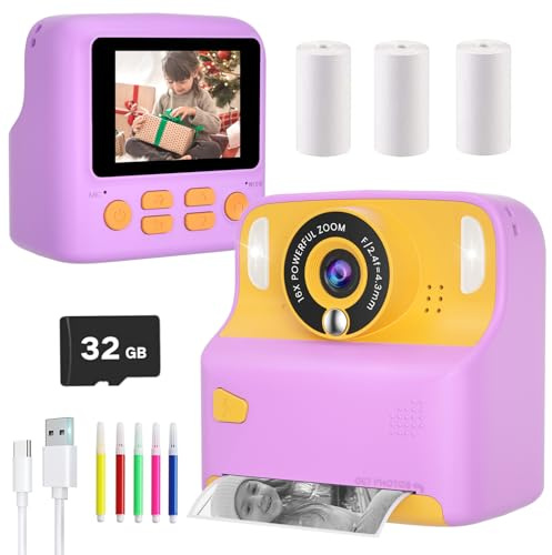 Pinguma Kids Instant Print Camera with 32 GB SD Card, Type-C 16x Digital Zoom, 3 Rolls Print Paper, Birthday Selfie Camera for Kids Age 3-12