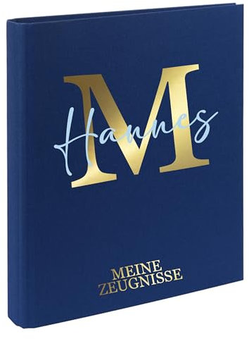 AWASG Zeugnismappe Kinder mit Namen personalisiert | Dokumentenmappe Buchstabe Initiale für Mädchen Jungen | Zeugnisordner Leinen zum Einsortieren von Urkunden (Navy)