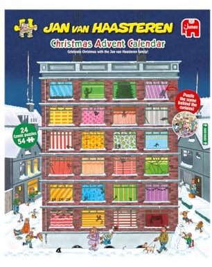 Jan Van Haasteren Christmas Advent Calendar - 24 Days of Puzzles, Puzzle the Scene Behind the Curtains - Fun 54 Piece Adults Puzzle & Comic Puzzle -100% Recycled Cardboard Jigsaw Puzzle for Adults