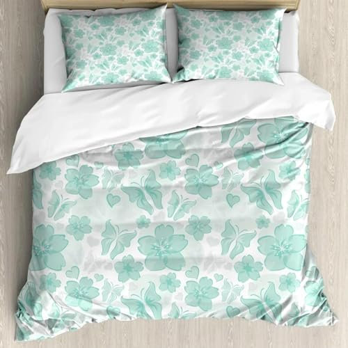Türkises Bettbezug-Set, Retro-Blumenhintergrund, Bettbezug, romantische Naturkunst, Polyester-Bettbezug, 230 x 220 cm + 50 x 75 cm x 2,5 cm