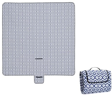 Oak & Tea Picknickdecke Wasserdicht 200x200 cm XXL Sandfrei Isoliert Maschinenwaschbar Stranddecke Campingdecke für Strand und Outdoor （Blau Weiß，200x200 cm）