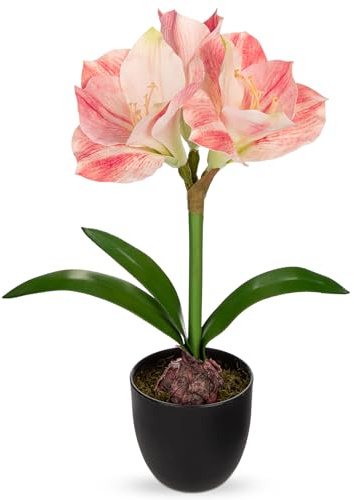 Künstliche Amaryllis Kunstblumen Rosa Künstliche Blumen im Schwarzen Topf | Arborus 44 CM Dekoblumen Frühling Plastik Blumen Tisch Regal Fensterbank Balkon Deko im Wohnzimmer Schlafzimmer Badezimmer