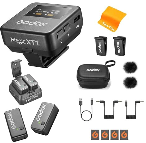 Godox Magic XT1 Kabelloses Lavalier Mikrofon - Stromversorgung und Speicher Integriert, OLED-Touchscreen, 48 kHz/24-Bit-Audio, 2,4 G Kabellose 200 m Mikrofon für Kameras Smartphone PC TikTok YouTube