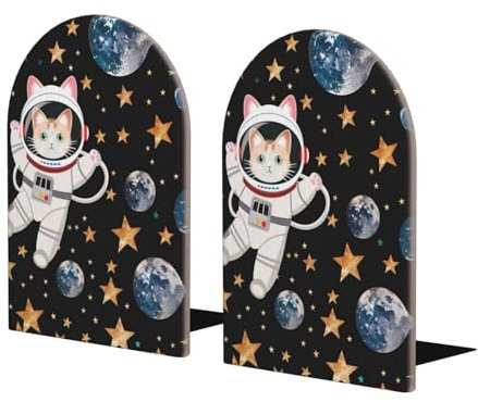 Schreibtisch-Buchstützen mit niedlicher Katze, Astronaut, bedruckt, aus Holz, groß, 2 Stück, Buchhalter und Ständer für Zuhause, Schule, Büro, Bibliothek