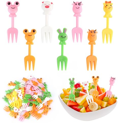 Kayqbonke 50 Stück Tiere Obstgabeln aus Kunststoff, 5 Typologie Mini Obstgabeln Kinder, Bento Box Zubehör Picks Obst Gabeln Wiederverwendbar für Lunch-Box Party Nachmittagstee Geburtstagsfeier
