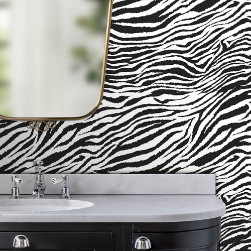 Livelynine Papier peint imprimé zèbre noir et blanc, papier peint autocollant moderne pour armoires, tiroirs, étagères, 44 x 200 cm
