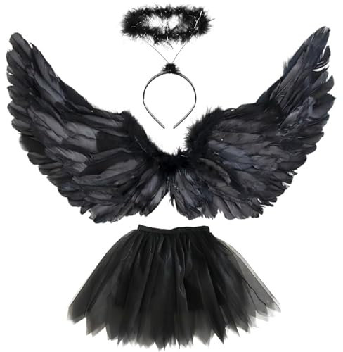 Schwarzer Engelsflügel Flügelkostüm für Damen & Kinder - Engel Kostüm mit Heiligenschein TUTU-Rock für Karneval & Party