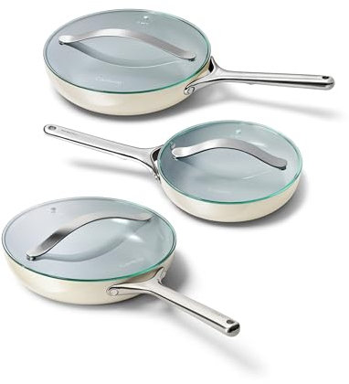 Caraway Ceramic Nonstick Fry Pan Set with Glass Lids – Includes Two 10.5” Fry Pans, One 8” Fry Pan, & Three Lids - Non Toxic, PTFE & PFOA Free - Oven Safe & Compatible with All Stovetops - Cream