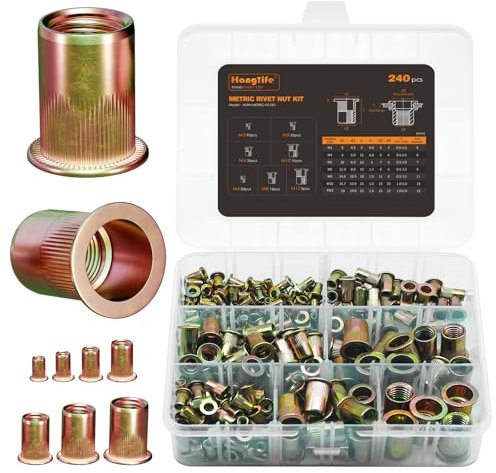 HANGLIFE Kit di Assortimento Rivetti Filettati (240 Pezzi) - Inserti Filettati - Dadi per Rivetti Metrici M3 M4 M5 M6 M8 M10 M12, a Testa Piatta, Zincati, in Acciaio al Carbonio con Corpo Zigrinato