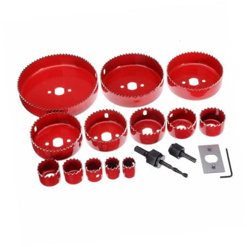 HOMSFOU Kit Scie Cloche 16 Pièces Pour Travail Du Bois Et Métal, Mandrins Bi-métal, Coupe-bois Et Métal, Rouge, Usage Professionnel, Assortiment Complet