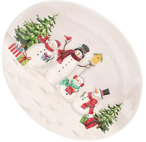 BEBEMOKO Christmas Ceramic Serving Plate Snowman Embossed Oval Dish Dinnerware Snack and Dessert Tray Suitable for Holiday Table and Restaurant Use