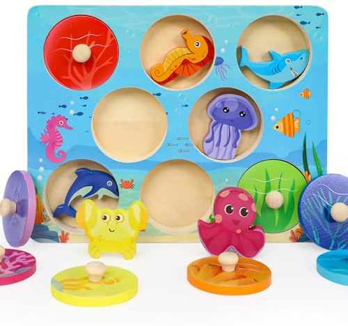 LZDMY Jouets Montessori à partir de 1 an Puzzle en Bois pour bébé, Océan Jouet de motricité pour 10-36 Mois Fille Garçon Enfant Puzzle de préhension Jouet à emboîter Jeu de tri Pâques Noël Cadeau