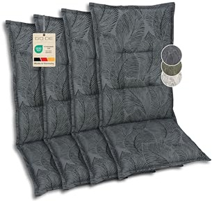 GO-DE Textil Bequeme und attraktive Polsterauflagen für Hochlehner-Gartenstühle (4er-Set, Blattmotiv groß anthrazit, Hochlehner)