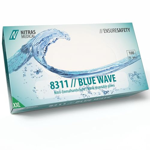 Nitras 8311 BLUE WAVE unsterile, medizinische, lebensmittelgeeignete Nitril-Einmalhandschuhe Farbe blau, puderfrei & latexfrei 100 Stück im Spenderkarton (XXL)