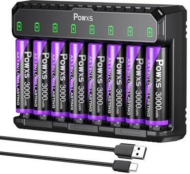 POWXS Rechargeable Lithium Batteries AA with Charger,8 Slot Charger with 8 Pcs 3000mAh AA Rechargeable Batteries,USB Fast Charging Long Lasting Lithium AA Battery with Integrated Charing Storage Box