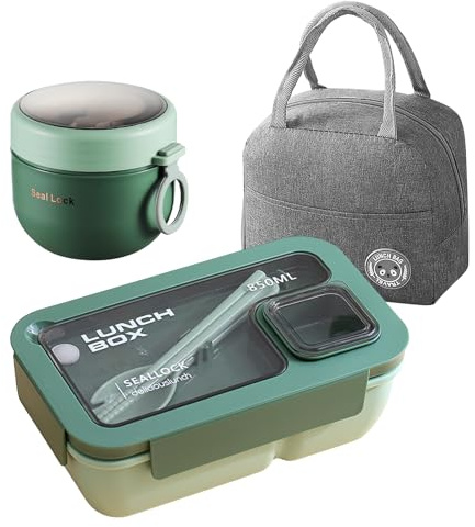 Vegena Lonchera Bento, caja bento para adultos y niños, lonchera con compartimentos, juego de cajas Bento duraderas a prueba de fugas con bolsa, utensilios, taza de sopa para hombres, mujeres