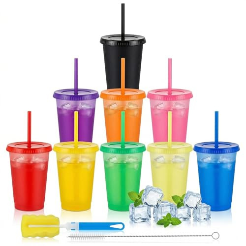 ALINK Lot de 9 gobelets à changement de couleur pour enfant, 470 ml, réutilisables, en plastique, avec couvercle et paille, pour fête magique, avec brosses