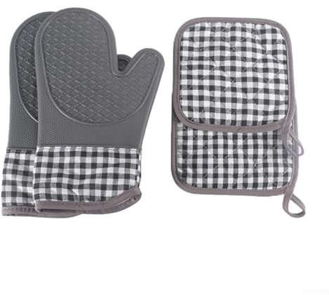 Lot de 4 gants de cuisine et maniques antidérapants en silicone résistant à la chaleur avec doublure en coton doux pour la cuisson (Grey)
