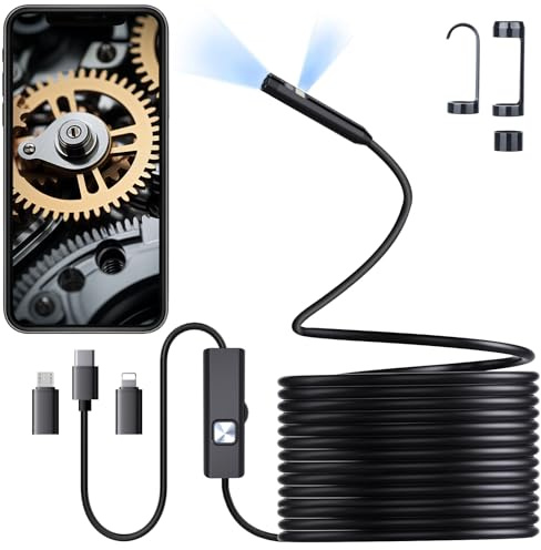 Endoscopio per Smartphone con Luce, 1920P HD Sonda con Doppia Telecamera per Ispezione Tubi, Impermeabile Telecamera Endoscopica con Cavo Semirigido da 5 M, Gancio, Adattatore, per Android e IOS