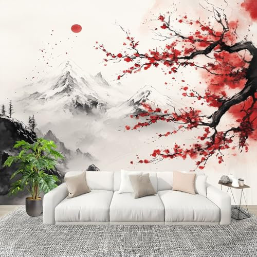 Dipinto di Paesaggio di Fiori di Ciliegio Carta da Parati Fotografica Panorama 200x140 cm Stile Inchiostro Decorazione da Parete per Camera da Letto Soggiorno Parete Fotografica in Tessuto non Tessuto