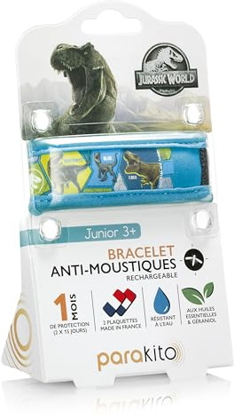 PARAKITO - Bracelet Anti-Moustiques Réutilisable - 2 Plaquettes Incluses aux Huiles Essentielles - 1 Mois de Protection - Sans DEET - Taille Junior 3+ (Jurassic World Bleu)