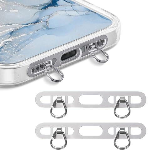 LunarCharm 2 Stück Metall Handy Kette Halterung Gilt für iPhone, Handy-Lanyard-Patch mit 2 Ringen, aus Edelstahl, Dünn Robust, verhindert Herunterfallen (Silber+Silber)