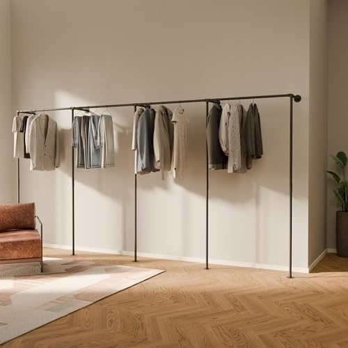 pamo Kleiderstange Wandmontage – 392 cm | 193 cm | 360 kg Traglast | Offener Kleiderschrank Schwarz I Pulverbeschichtet I Stoß- & Kratzfest I Kleiderschrank System | Montage in 55 Min