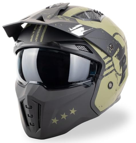 VINZ Shikoku Jethelm / Streetfighter Helm | ECE 22.06 zugelassen | Motorradhelm | Rollerhelm mit Sonnenvisier / Sonnenblende | Jet Helm Mit abnehmbarem Kinnschutz - Grün