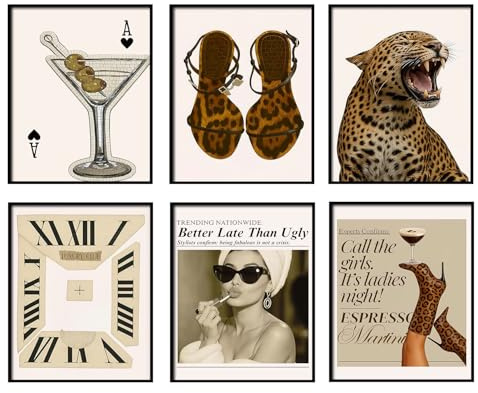 Mynotix Vintage Leopard Poster Set of 6, Trendy Cheetah Y2K Wall Art, Fashion Martini Wall Decor Preppy Girl Canvas Paintings Prints Artwork for Living Room Bedroom Dorm 12x16 inch Unframed