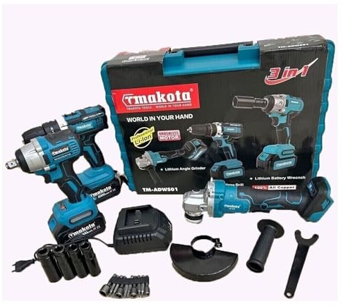 Kit 3 in 1 Trapano Avvitatore + Avvitatore a Impulsi + Smerigliatrice a Batteria e comoda valigetta in plastica resistente