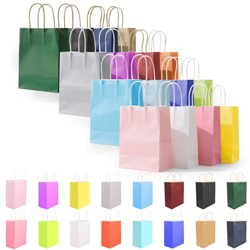 16 Sacs pour cadeaux, 27x21x11 cm SacsKraft avec Poignée, 16 Sacspourcadeaux de taille moyenne en couleurs différentes, Sacsen Papier polyvalents, Pochette Cadeau Anniversaire pour famille et amis