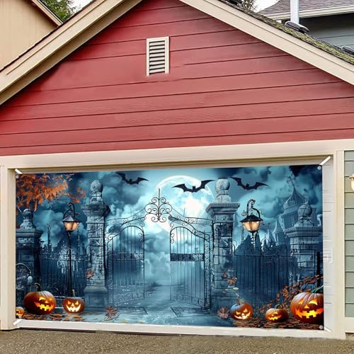Cartel de Halloween con texto en inglés Happy Halloween para decoración de puerta de cochera, fondo de calabaza, noche, luna, fiesta, fiesta (morado, 33 x 26 x 4, 5 cm)