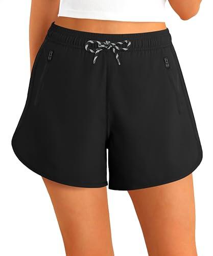 APTRO Women Swim Shorts Board Swimming Surf Beach Shorts Bikini Bottoms Quick Dry Ladies Sport Running Shorts Zip Pockets Black M