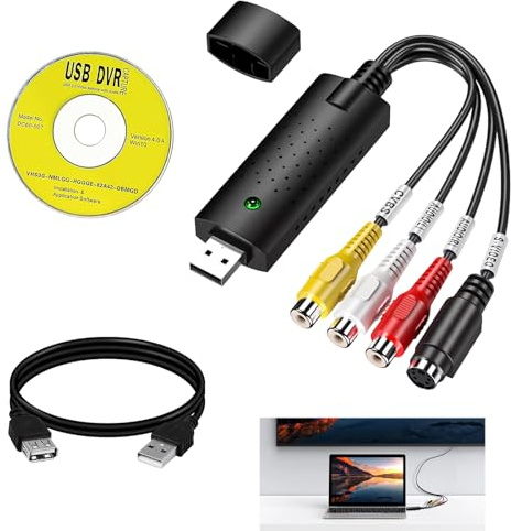 Convertisseur VHS vers Numérique USB, Carte Capture Vidéo Hi8 RCA S-Vidéo vers DVD, Adaptateur Audio Vidéo Analogique pour PC, Numérisation de Cassettes VHS, Lecteurs DVD, Compatible Windows 11/10/8/7